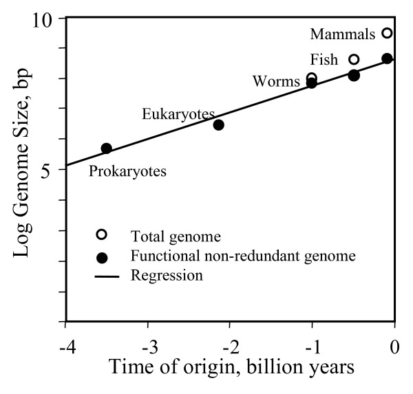 Tamaño de genoma para algunos grandes grupos de animales. Nótese que la gráfica es logarítmica, por lo que la recta de regresión sería en realidad exponencial: la evolución se iría acelerando según aumenta el tamaño del genoma. Fuente.