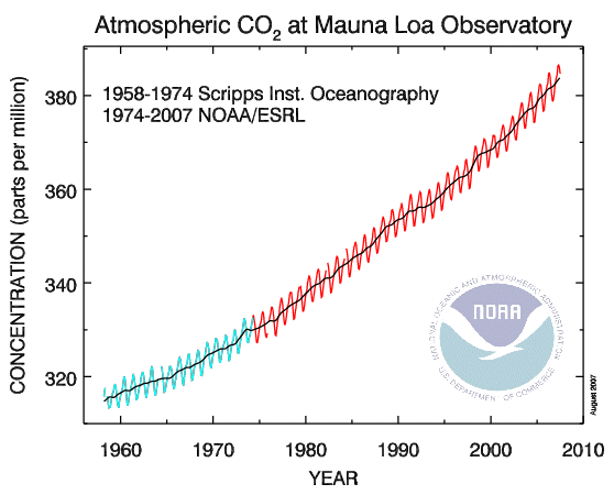 Atmospheric CO₂ has been rising steadily since before 1960; the rate is accelerating. Source: Mauna Loa Observatory.