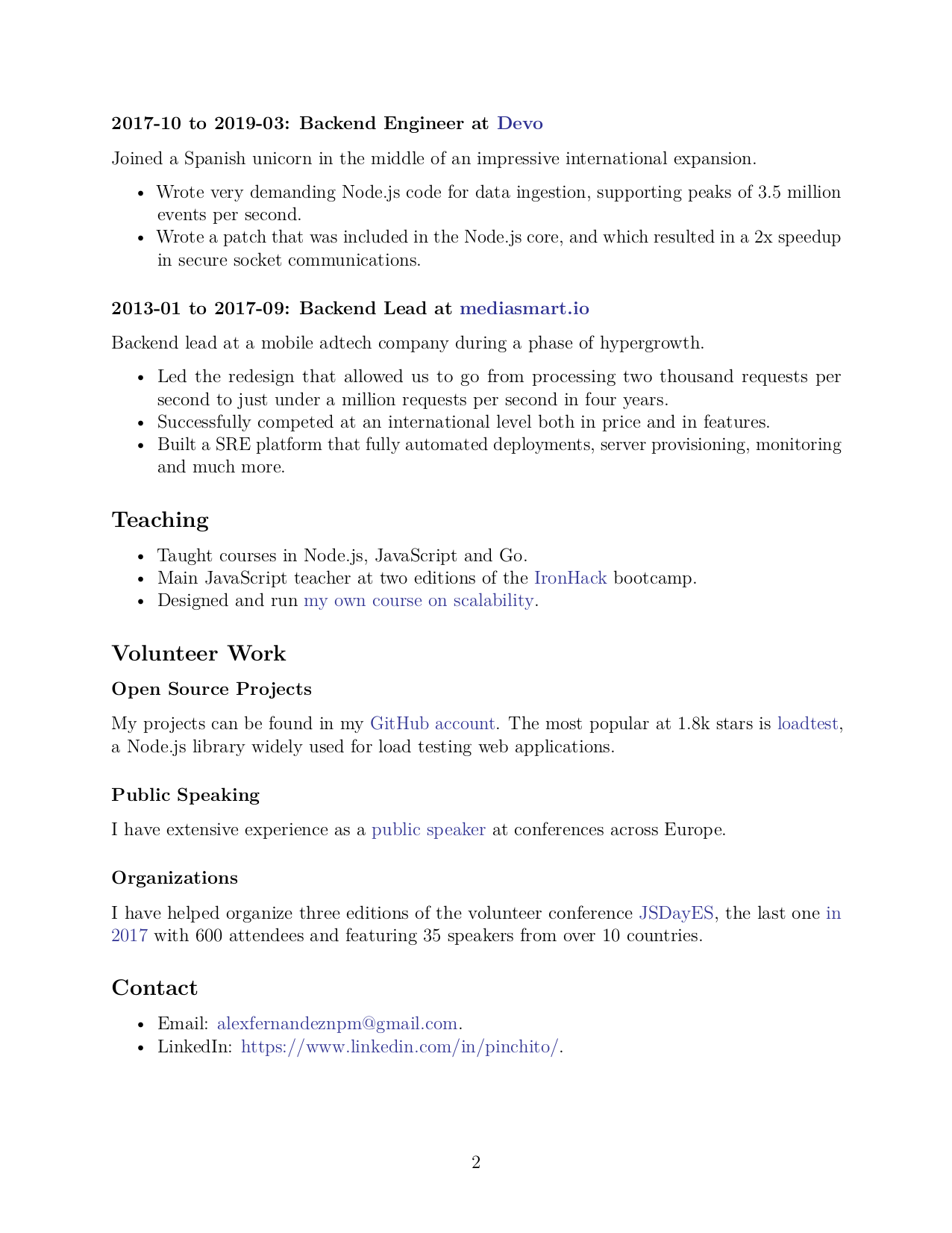 My shortened CV, page 2: teaching, volunteer work, contact.