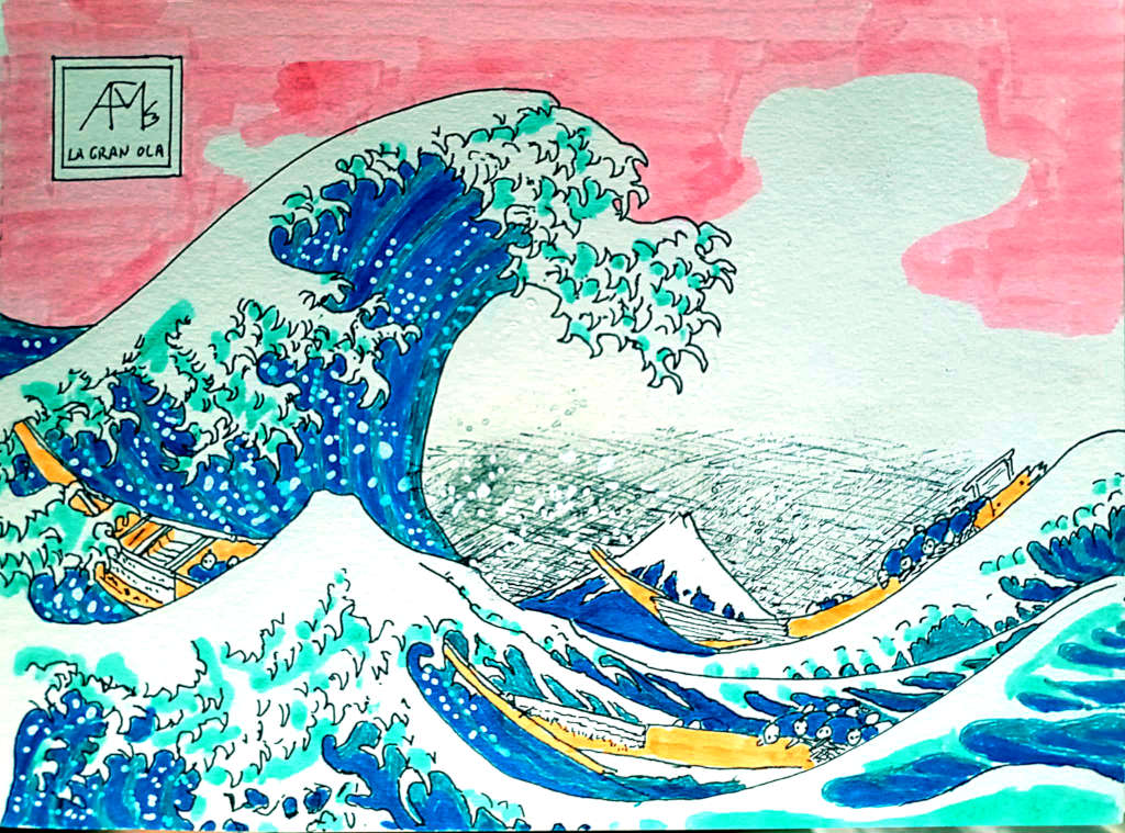 La Gran Ola de Hokusai, rotuladores sobre papel.