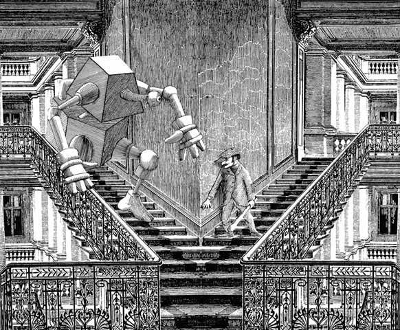 A guy with a moustachio is waiting for a robot coming down the stairs with a wooden bat in his hand. Robots are not people. Repeat: robots are not people. Source: Cyberiad drawings by Daniel Mróz.