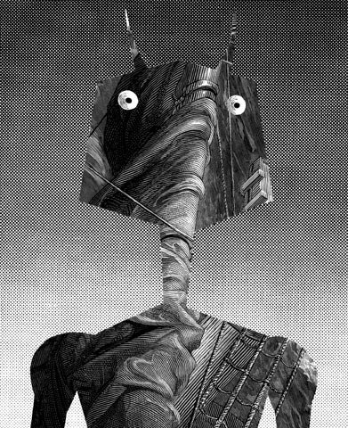 The somewhat peculiar face of a robot in black and white, close up. For comparison, this is a robot. Source: Cyberiad drawings by Daniel Mróz.