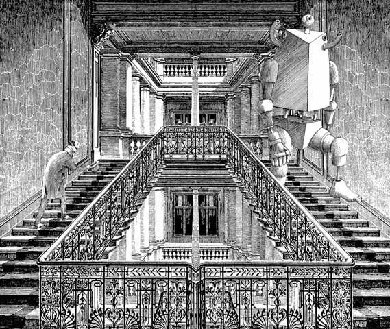 A robot comes down a beautiful set of stairs, while a man climbing up on the opposite side tips his hat towards it. Yes, but what about humans ourselves? Source: Cyberiad drawings by Daniel Mróz.