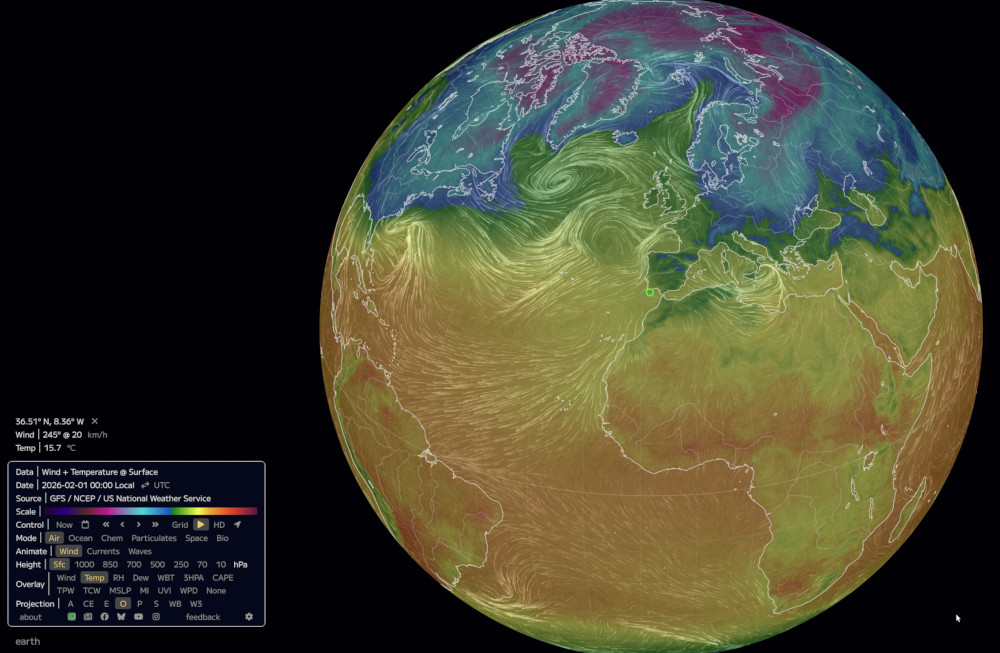 This cool interface shows wind speed as lines, and temperature as colors. Source: Cameron Beccario and Nullschool Technologies Inc.